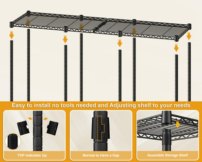 ULIFHOME E14C Heavy Duty Closet Organizer System，Freestanding Clothing Racks for Hanging Clothes，Adjustable Garment Rack 58" W × 16" D × 77" H Hold 860 lbs，Black Rack with Black Dustproof Cover