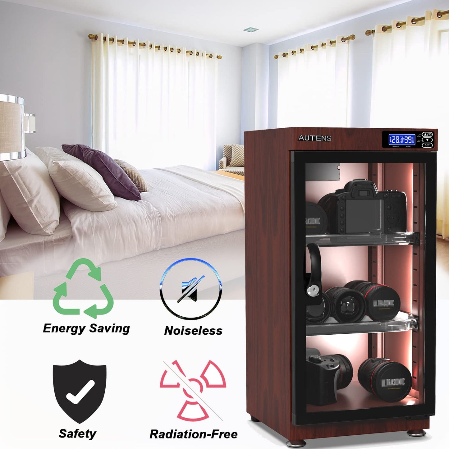 AUTENS 50L Dehumidifying Dry Cabinet Box, Wood grain Design Digital Control Noiseless and Energy Saving, for Camera Lens and Electronic Equipment Storage,Temperature Humidity LED Dual Screen