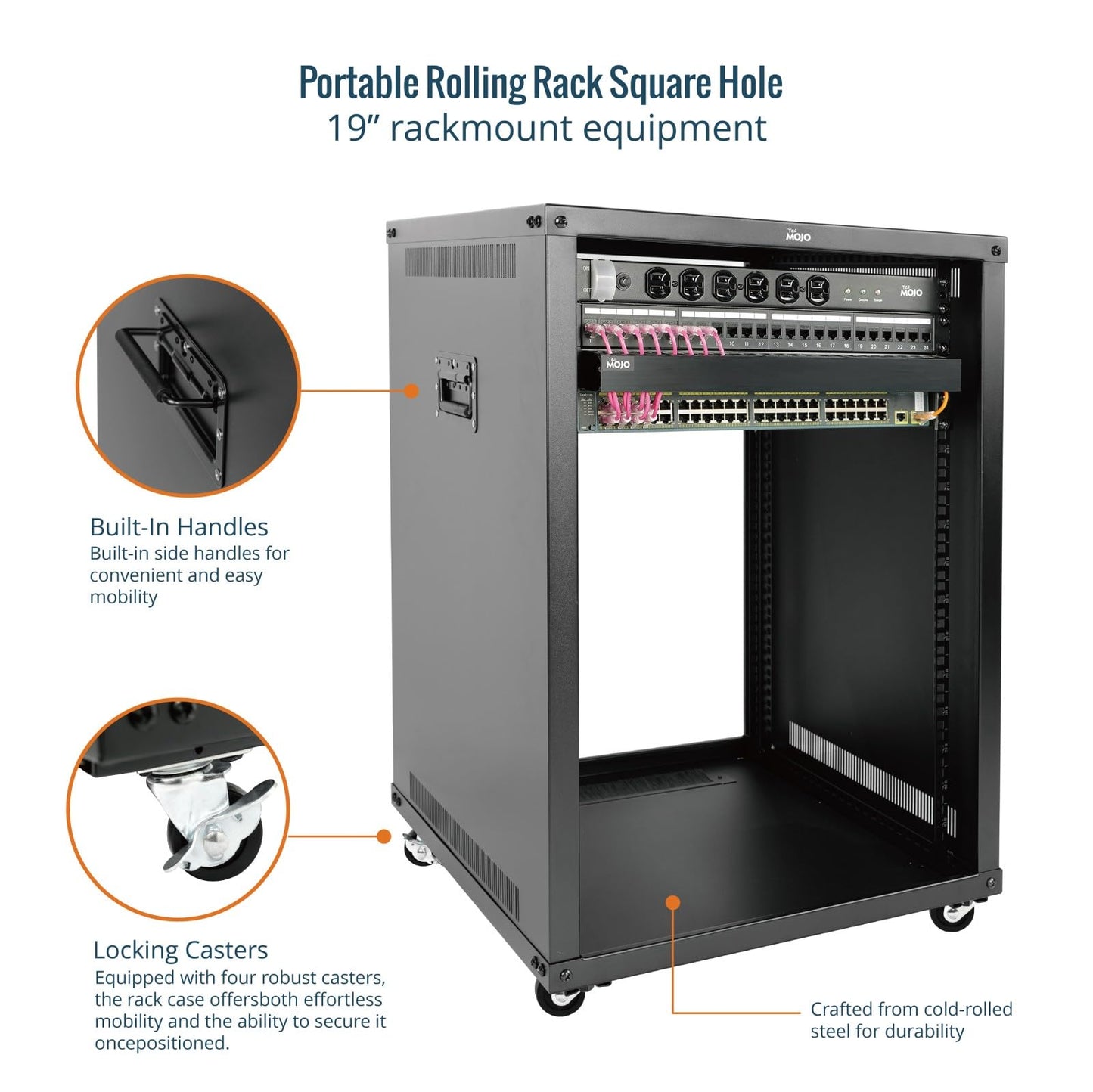 Tecmojo 15U Portable Rolling Network Rack, 4-Post Mobile Open Frame Server Rack with Wheels, Free Standing Server Cabinet for Computer/Data/AV/IT Equipment/Network Equipment