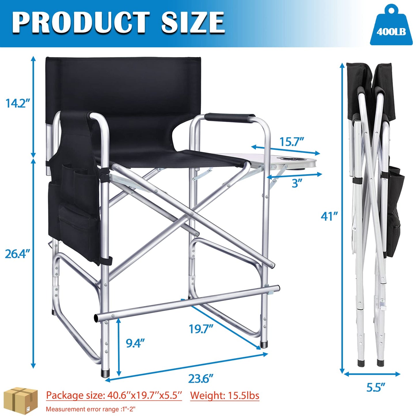 AQNIEGEP Makeup Chair for Makeup Artist 41" Tall Folding Directors Chair Makeup Artist Chair for Clients Directors Chair with Side Table Cup Holder Footrest Bags 400 lbs Load