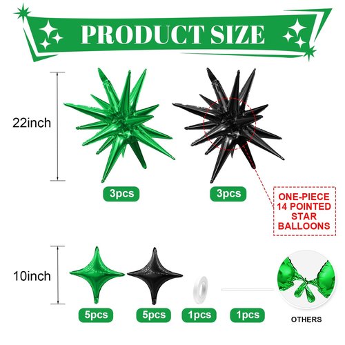 Black Green Star Balloon,6Pcs 22Inch Explosion Star Balloons and 10Pcs 10Inch Four Angle Balloons Kit for Birthday Halloween Anniversary Baby Shower Wedding Party Decorations