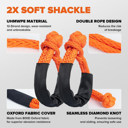 Kinetic Recovery Rope,1.26" x30ft Heavy Duty Offroad Tow Rope/60600 lbs Snatch Strap with Soft Shackles, 100% Nylon Offroad Towing Straps Kit for Truck ATV UTV SUV Jeep Car Tractor - Orange