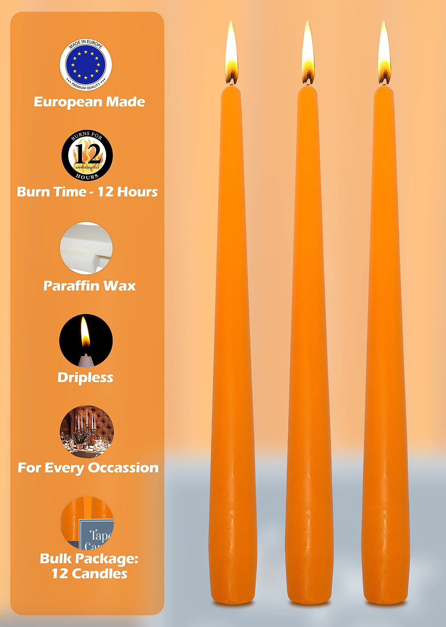 Hyoola Tall Taper Candles - 14 Inch Orange Unscented Dripless Taper Candles - 12 Hour Burn Time - 12 Pack