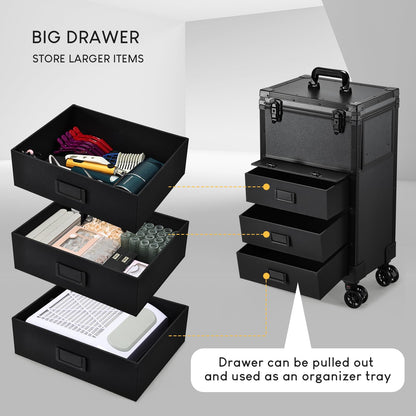 Faquenc Rolling Makeup Case with lighted mirror, Cosmetology Case on Wheels with LED Mirror, Professional Salon Trolley Cart with Drawer,Travel Makeup Lockable Beauty Organizer with Live Stream Light
