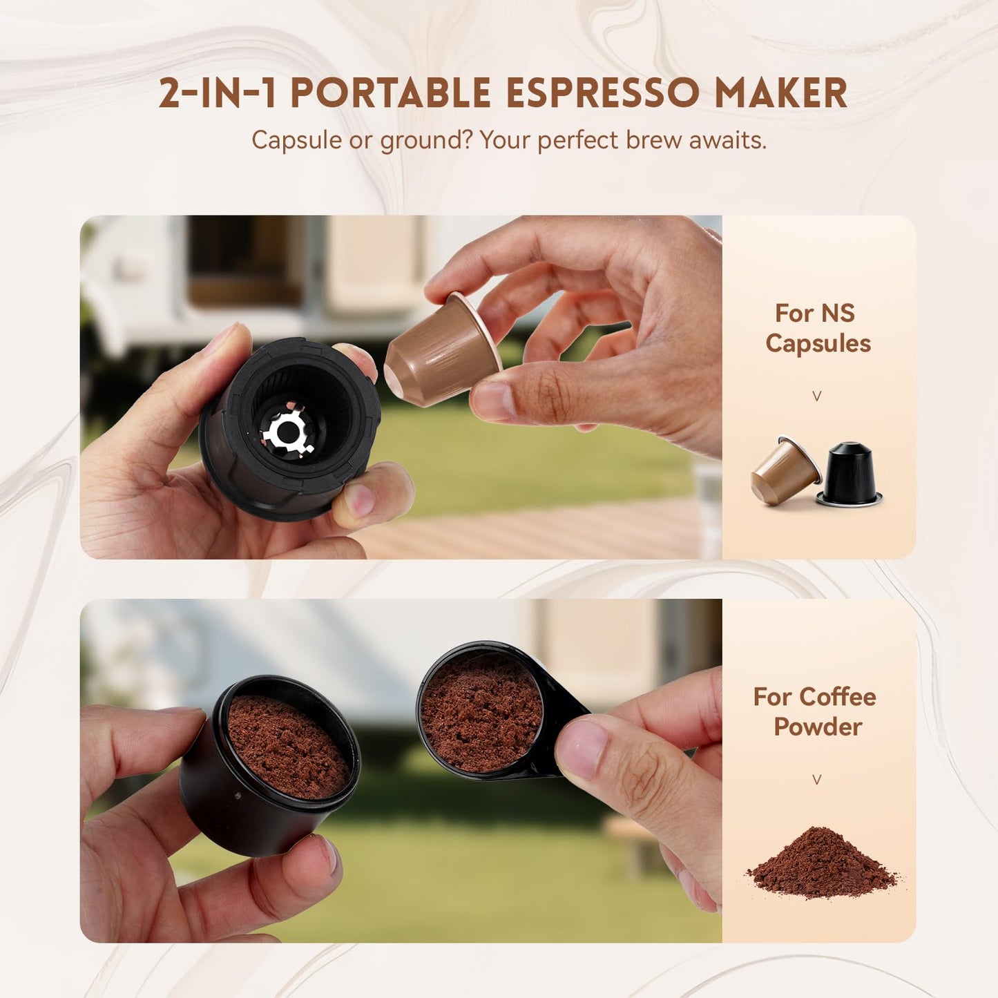 Hydrofast Portable Electric Espresso Machine, Self-Heating Travel Coffee Maker with 7800mAh Battery, USB-C Rechargeable, Compatible with Ground Coffee & Capsules, Maker for Camping, Office, Car
