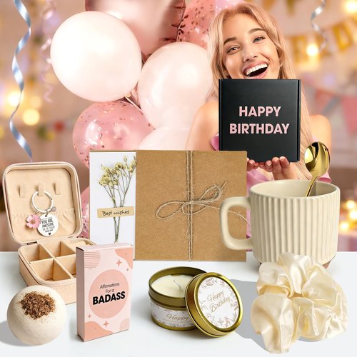EOECL Happy Birthday Gift Box for Women - Relaxing Spa Basket for Best Friend, Mom, Coworker - Unique Gift Set with Affirmation Cards - Perfect for 18th 30th 40th 50th 60th Birthday