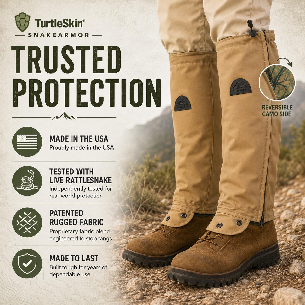 TurtleSkin Snake Gaiters, Lightweight & Waterproof Snake Guards for Men & Women, Durable Reversible Snake Chaps for Hunting,Tactical & Survival Gear – Camo/Khaki
