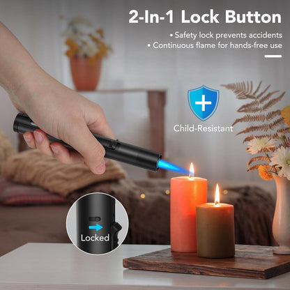 TBTeek 2 Pack Torch Lighters, Refillable Butane Lighter with Safety Lock & Continuous Flame, Visible Fuel Window, Adjuatable Jet Flame Lighter for Candle, BBQ, Fireplaces, Black(Butane Not Included)