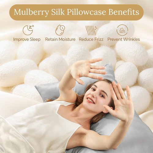 INFIIXSO Mulberry Silk Pillowcase - Ultra Smooth & Soft for Hair and Skin | Standard Size 20x26 Inches, Light Grey