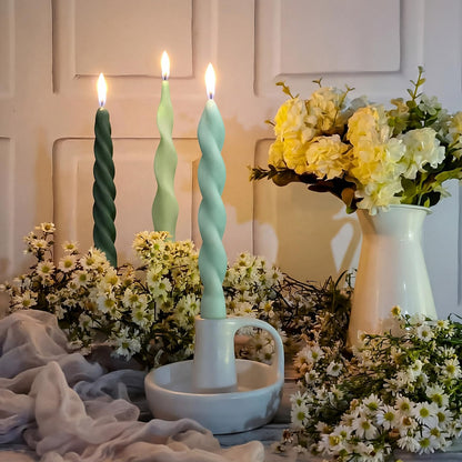 Nuanchu 12 Pcs Sage Green Spiral Taper Candles Teal Twisted Wax Candlesticks 7.5 Inch Short Green Spiral Wax Scented Taper Candles for Wedding Bridal Shower Birthday Party Dinner Table Centerpiece