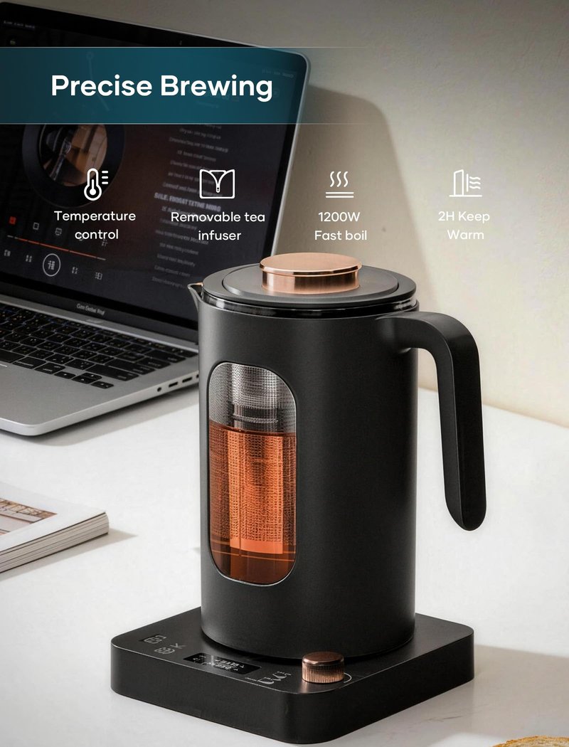 INTASTING Electric Tea Kettle, Electric Kettle with Tea Infuser, ±1℉ Knob Temperature Control, BPA-Free Glass, 1200W Fast Heating, Easy to Clean, 1 Liter (Dark Gray)