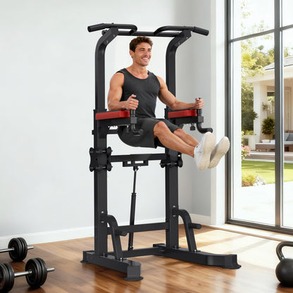 VEVOR Pull Up Bar, 330 LBS Power Tower Dip Station, Workout Dip Station with H-Shaped Stable Base & Assistance Platform, Adjustable 9 Level Height Pullup Stand for Back, 3-Level Adjustable Elbow Pads