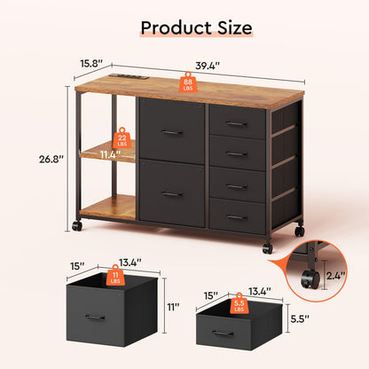 Maihail 6 Drawer File Cabinet with Charging Station Rolling Printer Stand with Open Storage Shelf Fabric Lateral Filing Cabinet for Home Office,Rustic Brown