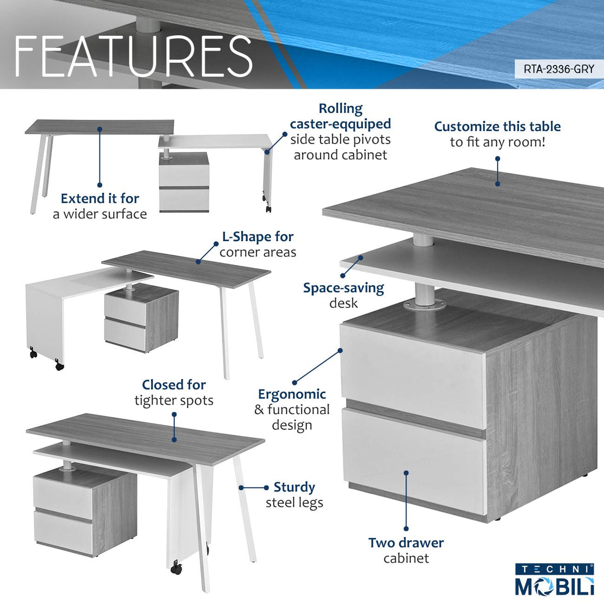 Adjustable L-Shaped Computer Desk with Rolling Tabletop for Multiple Configurations, Two-Drawer Cabinet, and Sturdy Steel Legs – Space-Saving, Ergonomic Design for Home Office or Workspace, Grey