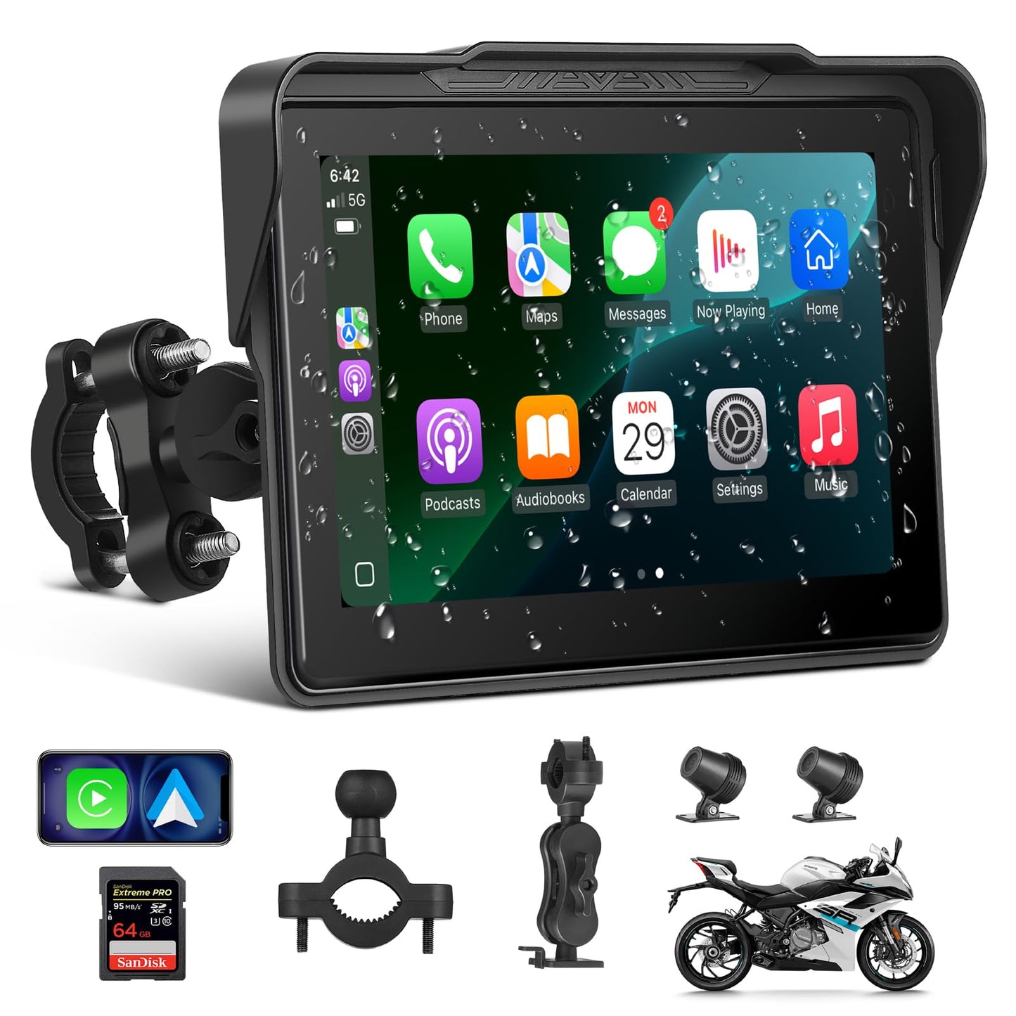 Motorcycle CarPlay Screen 7", Waterproof GPS Display for Motorbike, Wireless CarPlay & Android Auto para Moto, Dual Bluetooth, Touchscreen, Music Sharing Siri (7" Wireless CarPlay) (Dual Camera)