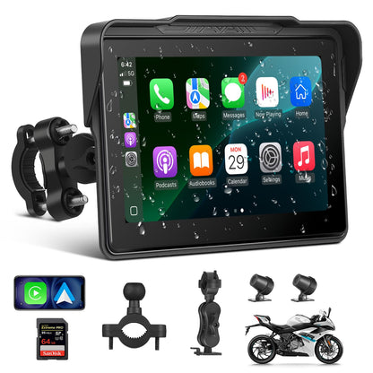 Motorcycle CarPlay Screen 7", Waterproof GPS Display for Motorbike, Wireless CarPlay & Android Auto para Moto, Dual Bluetooth, Touchscreen, Music Sharing Siri (7" Wireless CarPlay) (Dual Camera)