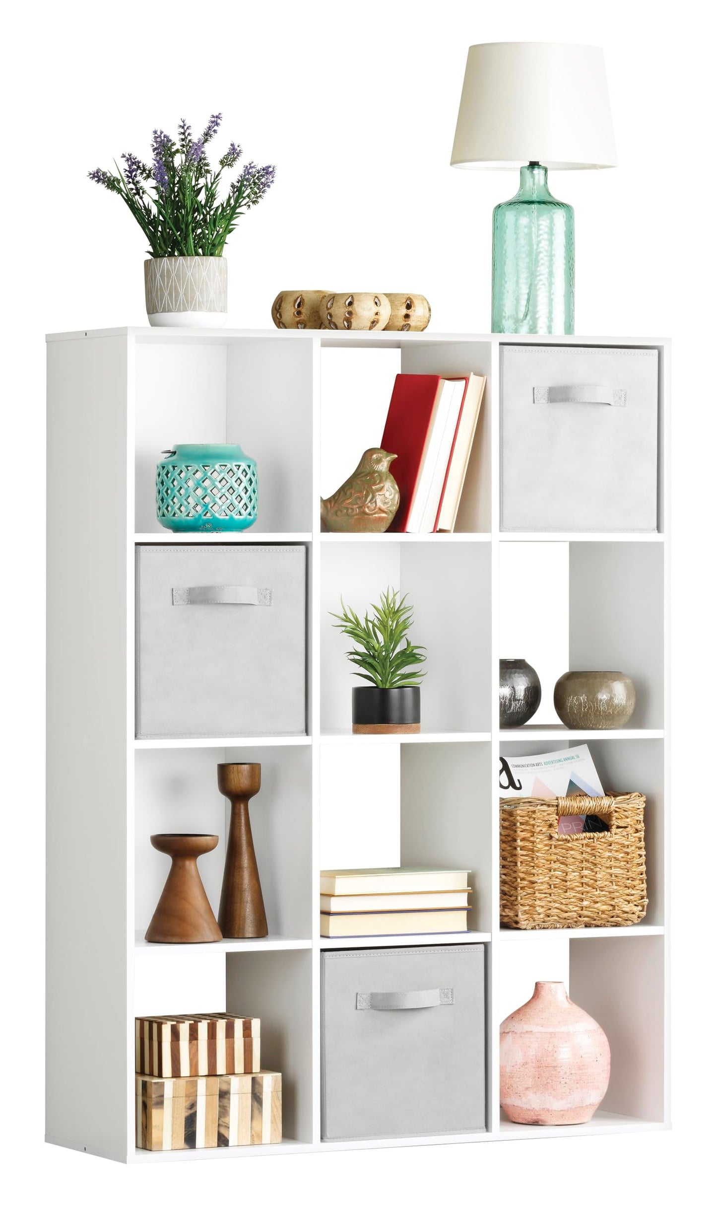 Whitmor 12 Cube Storage Organizer, 4 Tier Stackable Mdf Wood Bookcase, Open Storage Display Bookshelf, Storage Cabinet for Living Room, Bedroom, Home, Office, 35.1"L x 11.6"W x 47.5"H, White