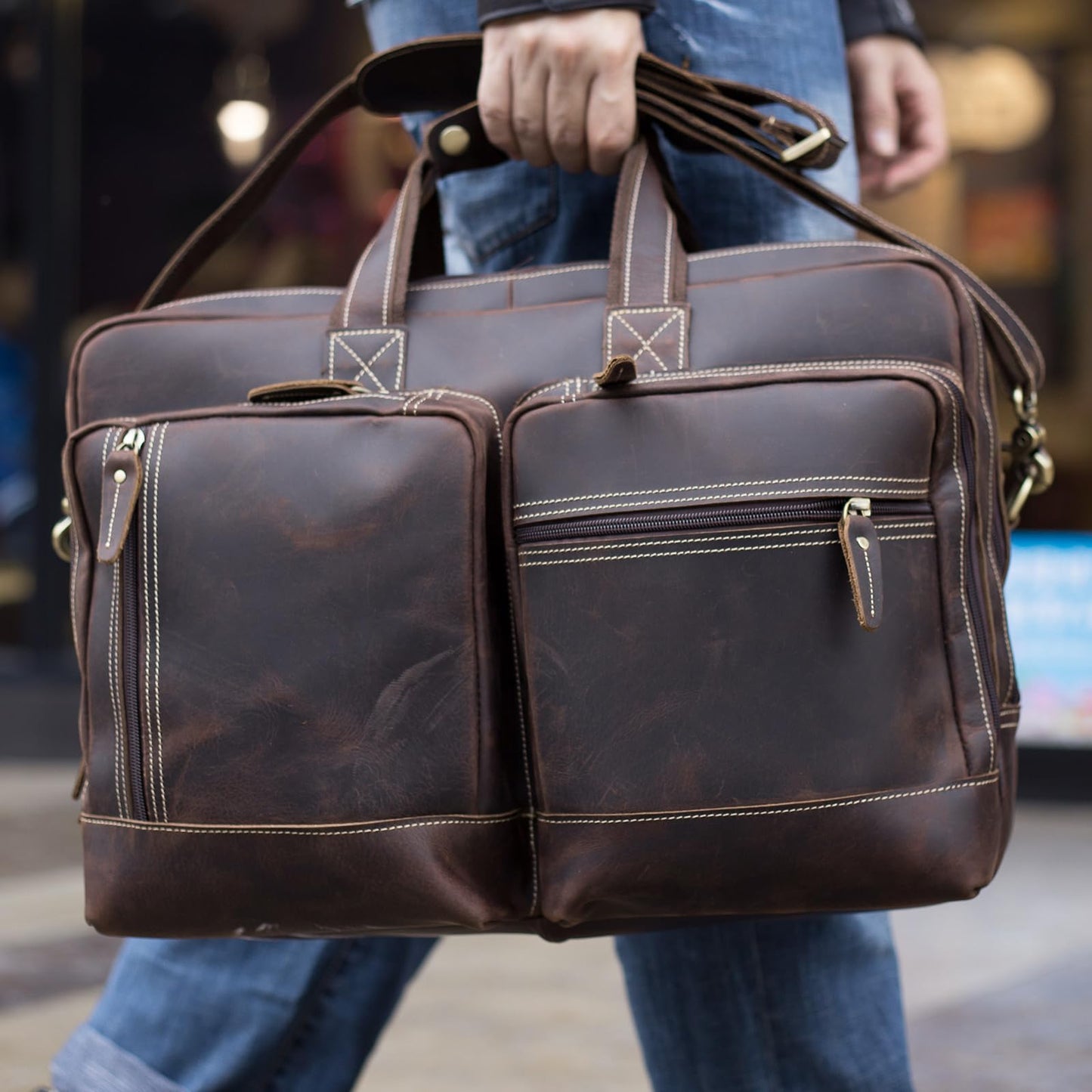 Masa Kawa Leather Briefcase for Men Expandable Large Vintage 17 Inch Laptop Messenger Bag Crossbody Shoulder Business Travel Duffel Bags Attache Case