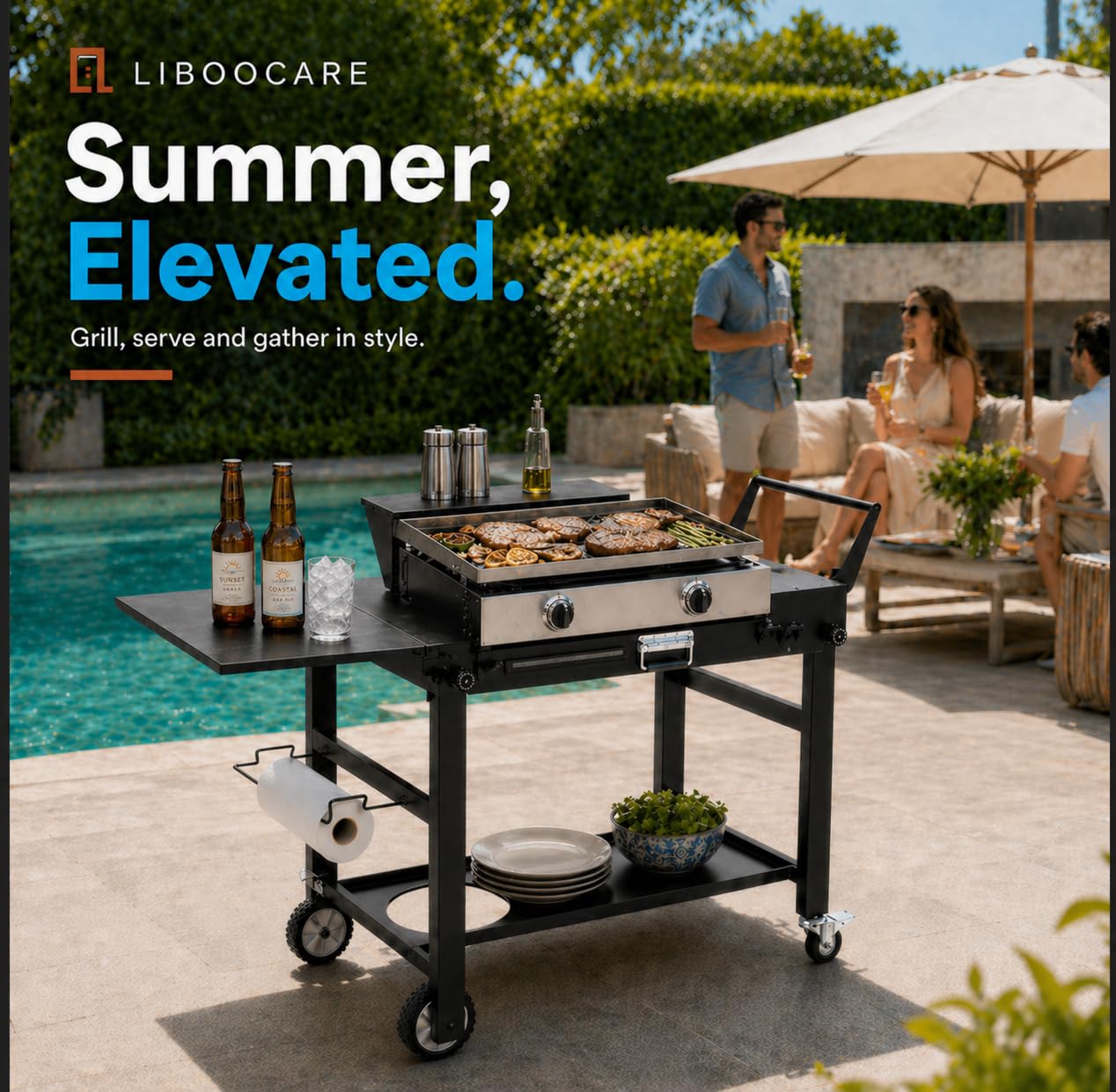 Grill Cart for Blackstone 17 and 22 Inch Griddle – 31.5" Tall Outdoor Griddle Table with Wheels, BBQ Prep Station with Side Shelf, Bar Top Shelf and Lower Storage, Foldable, Pizza Oven Compatible
