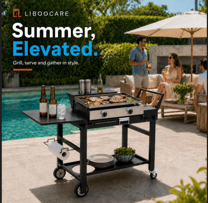 Grill Cart for Blackstone 17 and 22 Inch Griddle – 31.5" Tall Outdoor Griddle Table with Wheels, BBQ Prep Station with Side Shelf, Bar Top Shelf and Lower Storage, Foldable, Pizza Oven Compatible