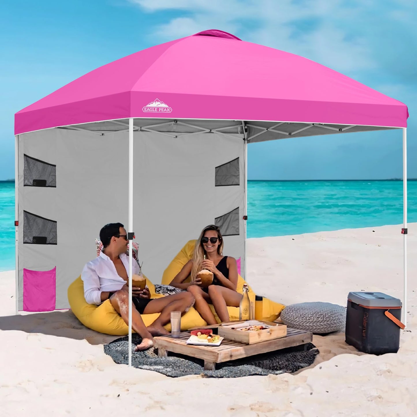 EAGLE PEAK Commercial Canopy 10x10 with Sidewall Storage, Easy OnePerson Setup Pop Up Canopy Tent with Roller Bag, Stakes, Ropes, and Weight Bags, Pink