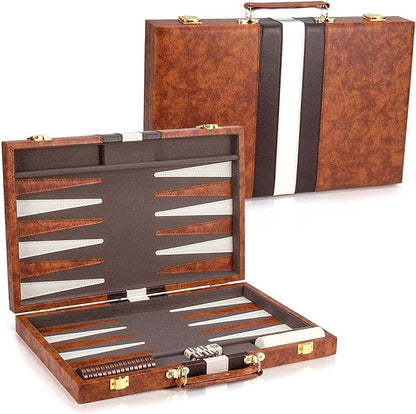 AMEROUS Backgammon Set 15 Inches Classic Board Game with Leather Case Folding Board Gift Package Portable Travel Strategy Backgammon Game Set for Adults Kids (Medium Brown)