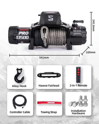 SINOKING PRO Series 13500 lb Electric Winch, 12V Towing Winch, Synthetic Rope, 2-in-1 Wired/Wireless Remote, Waterproof IP67, 7 HP Motor for Jeep, SUV, Truck & Trailer