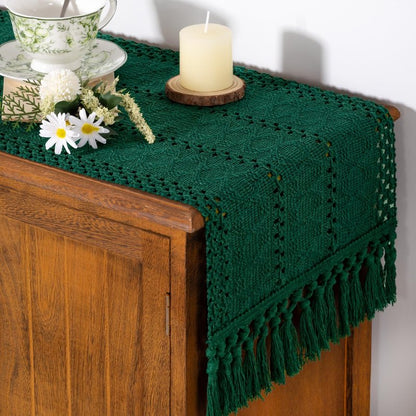 Socomi Boho Table Runner Macrame Easter Spring Farmhouse Woven Cotton Linen Rustic Coffee Table Runner with Tassels for Dresser Scarf Home Decor Dining Room 12x90 inch Emerald Green