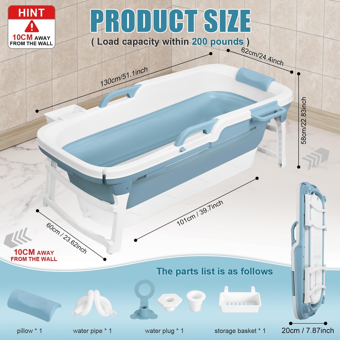 Portable Bathtub Adult,51" Foldable Large Collapsible Tub with Handle,Freestanding Surround Collapsible Bathtub,No Lid,Hot Bath,Ice Bath Blue 130 cm