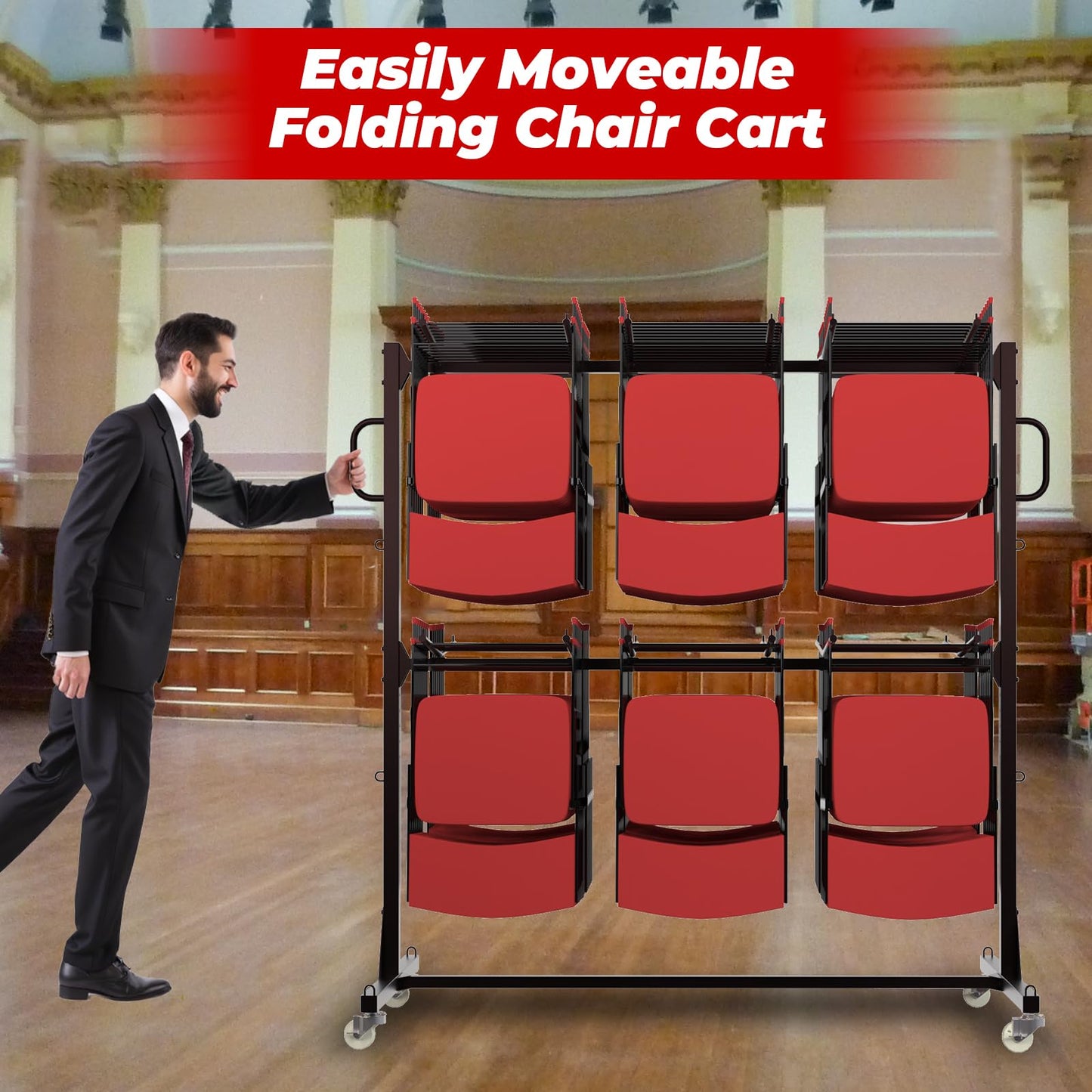 Folding Chair Rack, Heavy-Duty Folding Chair Cart with Storage Rack, 800 LBS Capacity Dual-Layer Chair Storage Dolly Holds 84 Folding Chairs or 42 Chairs+12 Table with Waterproof Cover