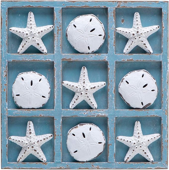 NIKKY HOME Beach Decor Tic Tac Toe Wood Board Travel Game for Family Starfish Sand Dollar Coastal House Coffee Tables Decor 8.98 by 8.98-in Rustic Blue