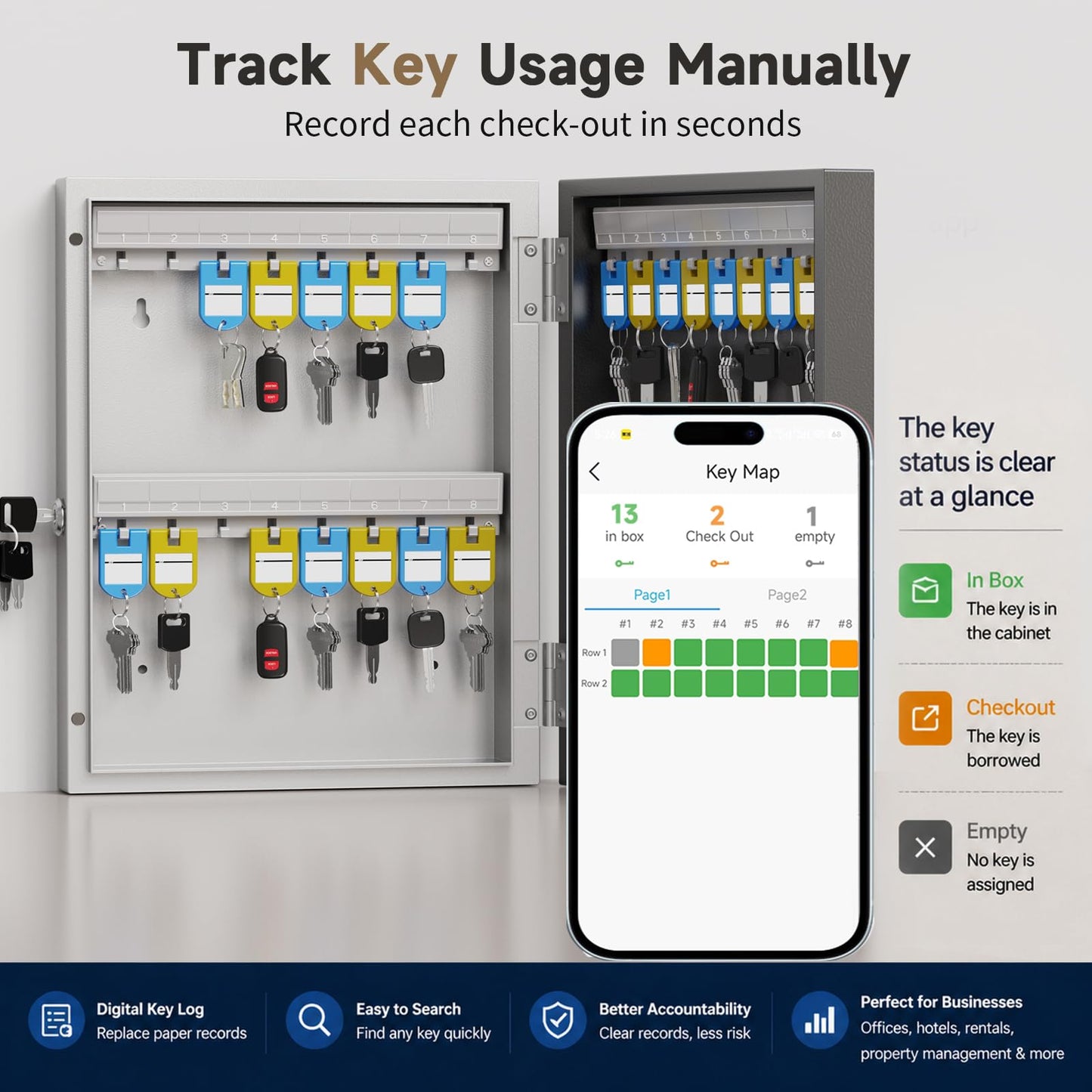 WeHere 32-Key Smart Key Lock Box Wall Mount – Commercial Key Cabinet with App, Bluetooth & WiFi Unlock (Sold Separately), Access Log Tracking, Key Management System for Rental, Office, Property