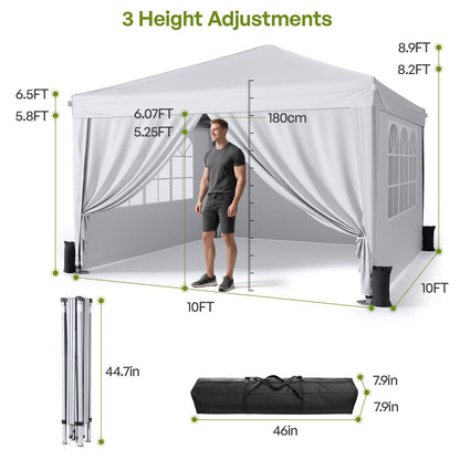 Driftalia 10x10 Pop Up Canopy with Sidewalls, Outdoor Instant Canopy Tent with Carry Bag for Commercial Events, Camping, Backyard Parties - White