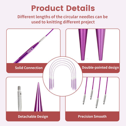 liomey Interchangeable Circular Knitting Needles Set - 13 Pairs of 4 Inch (3mm-10mm), Aluminum Needles, Ergonomic Design for Beginners and Advanced Knitters, Purple
