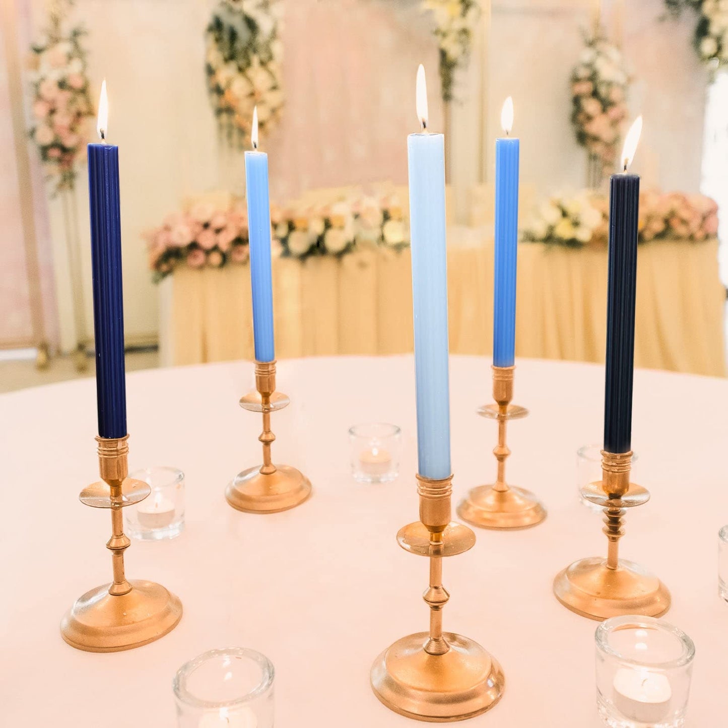 Tableclothsfactory 5 Pack | 9" Assorted Blue Premium Unscented Ribbed Wick Taper Candles, Tall Ribbon Wax Dinner Candles