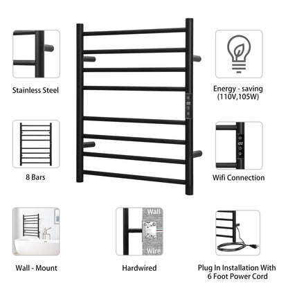 KEG Towel Warmer 8 Bars for Bathroom Freestanding or Wall Mounted Bath Towel Heater Plug-in with Built-in Timer Silver