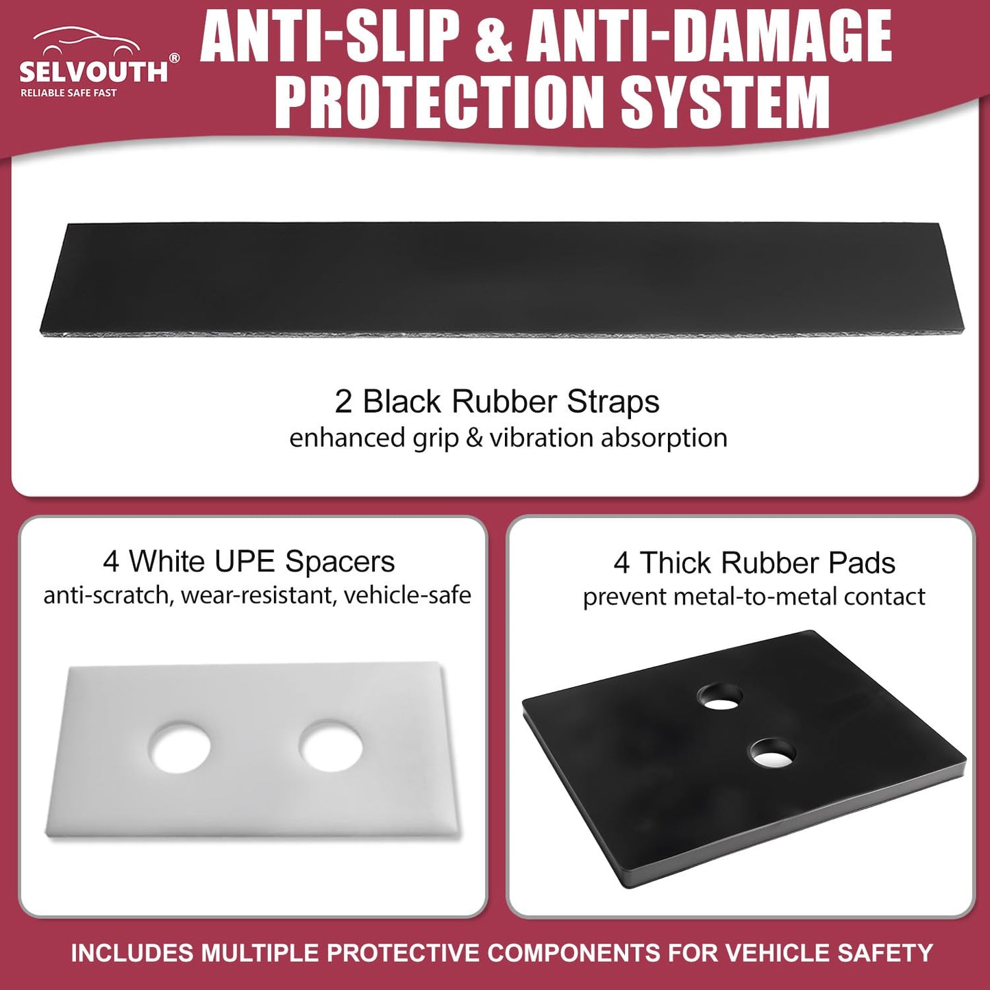 Cab Rack Side Mounting Kit - 4 L-Shaped Steel Brackets with 4-Hole Design, 2 Black Rubber Straps, 4 Thick Rubber Pads, 4 White UPE Anti-Scratch Spacers, Complete Set of Bolts, Nuts and Washers.
