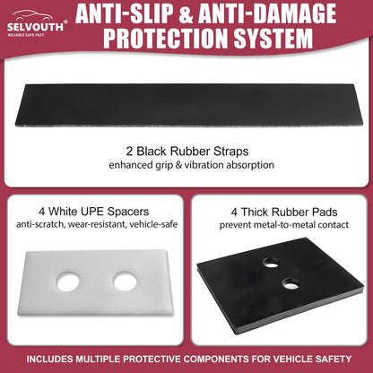 Cab Rack Side Mounting Kit - 4 L-Shaped Steel Brackets with 4-Hole Design, 2 Black Rubber Straps, 4 Thick Rubber Pads, 4 White UPE Anti-Scratch Spacers, Complete Set of Bolts, Nuts and Washers.