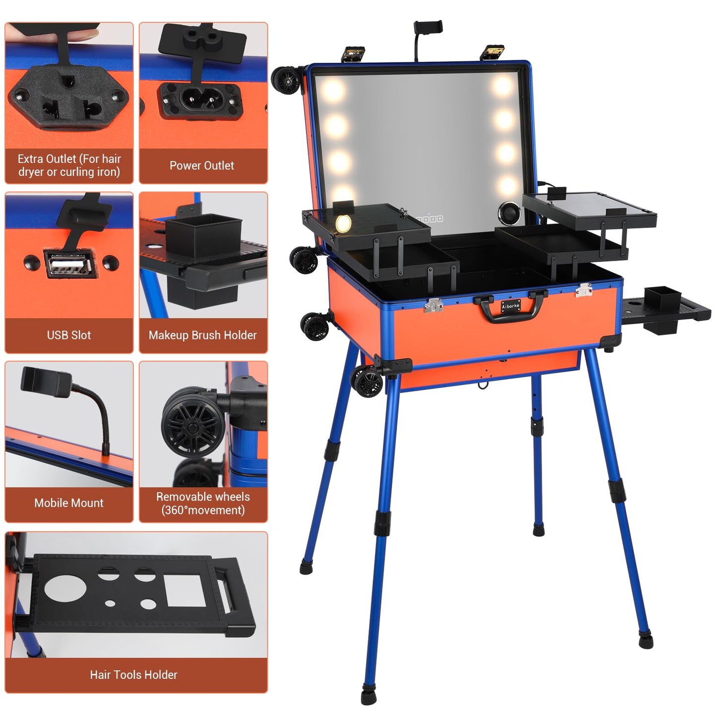 Aiborke Rolling Makeup Train Case with Lighted Mirror and Bluetooth Speaker Professional Cosmetic Organizer Case with Wheels, Stands Portable Makup Station Vanity for Travel (Orange, Large)