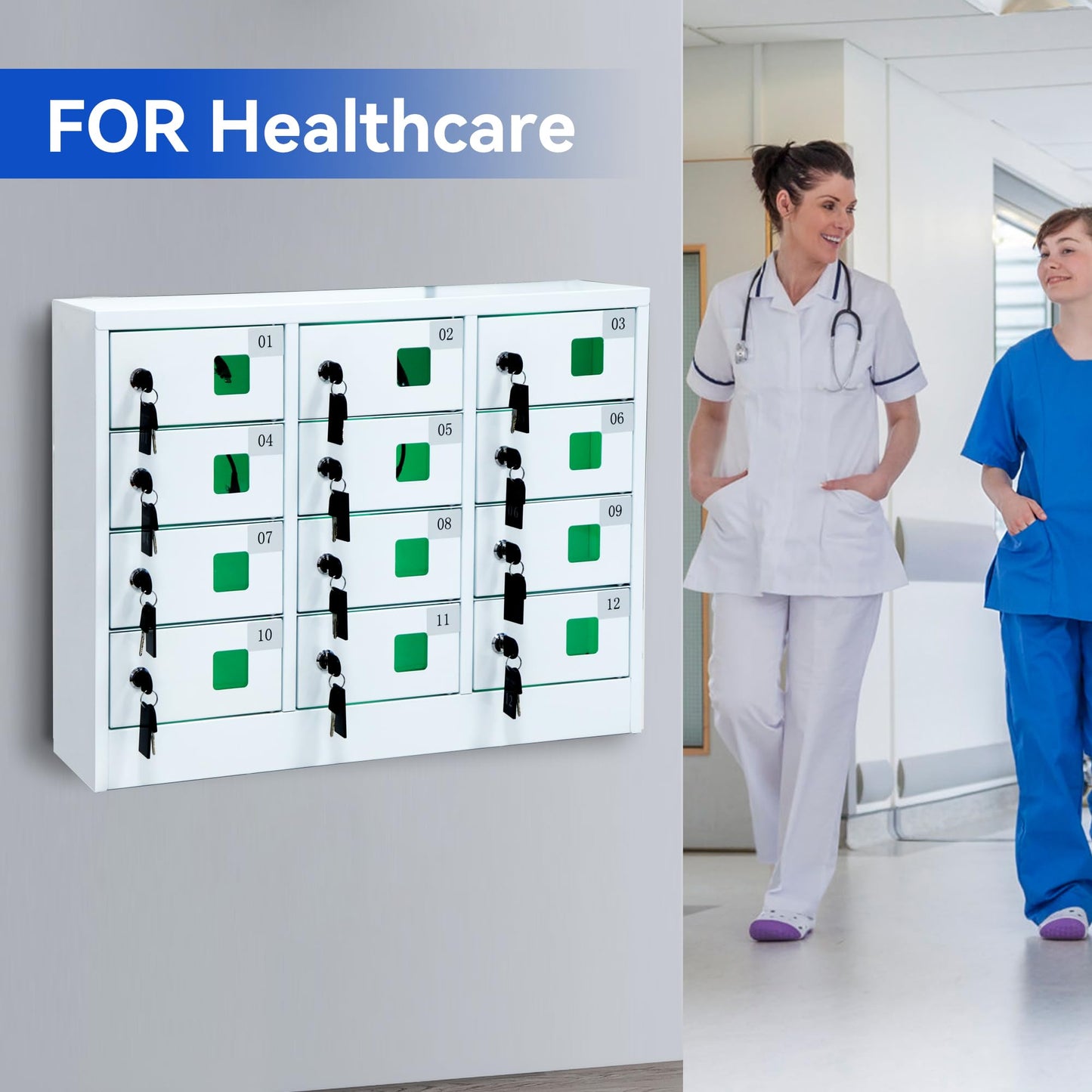 Bpatoimsx Secure and Convenient 12 Slots Cell Mobile Phone Metal Storage Cabinet Lockers with Charger Charging Station Cabinet and Key Lock White - Ideal for Students and Employees or Police Station