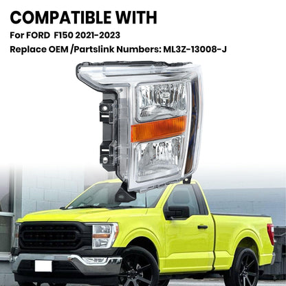 Headlight Compatible with 2021 2022 2023 Ford F150 XL XLT Left Driver Side Part Numbers ML3Z-13008-K FO2503409 Halogen Head Light