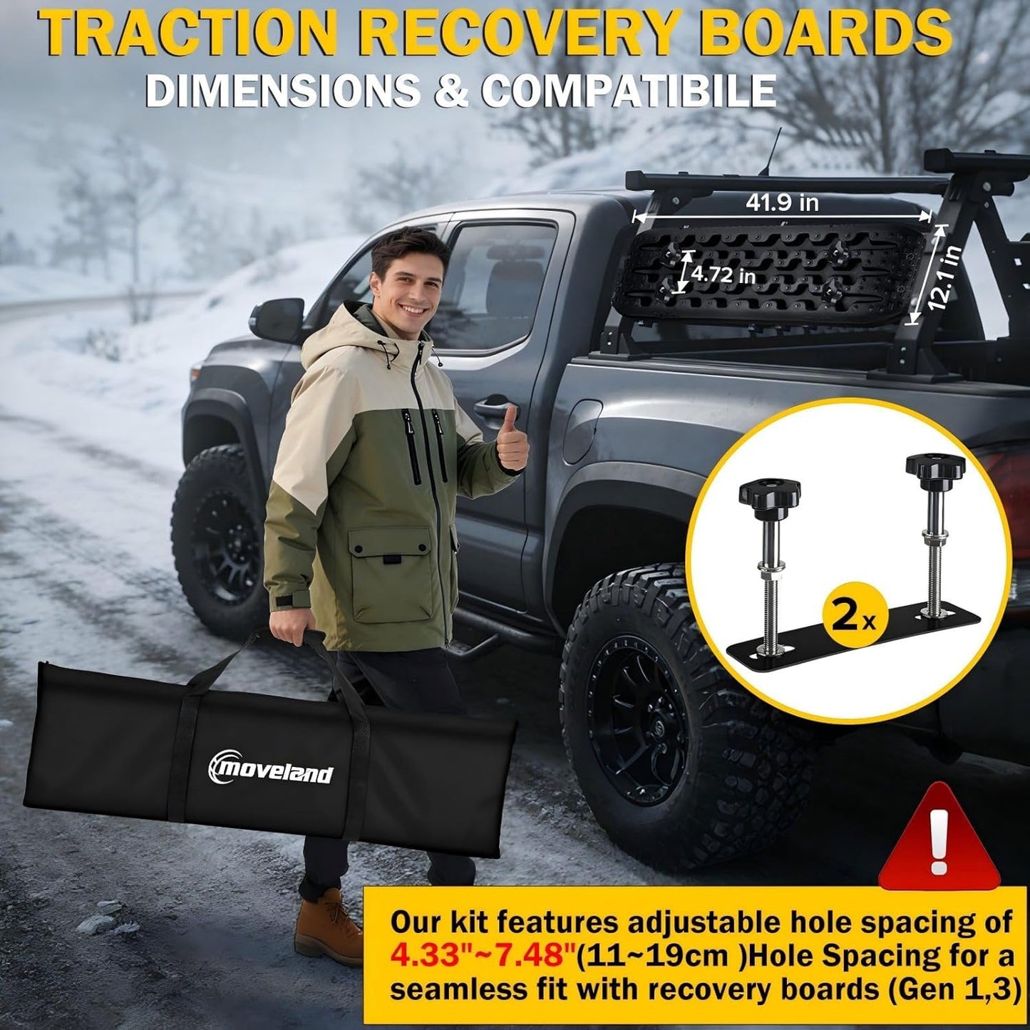 moveland 41.7" Extra Long Traction Boards for Mud, Sand & Snow – 10 Ton Capacity – with Mounting Kit & Carry Bag – Heavy Duty Off Road Recovery Boards for SUV Truck 4x4