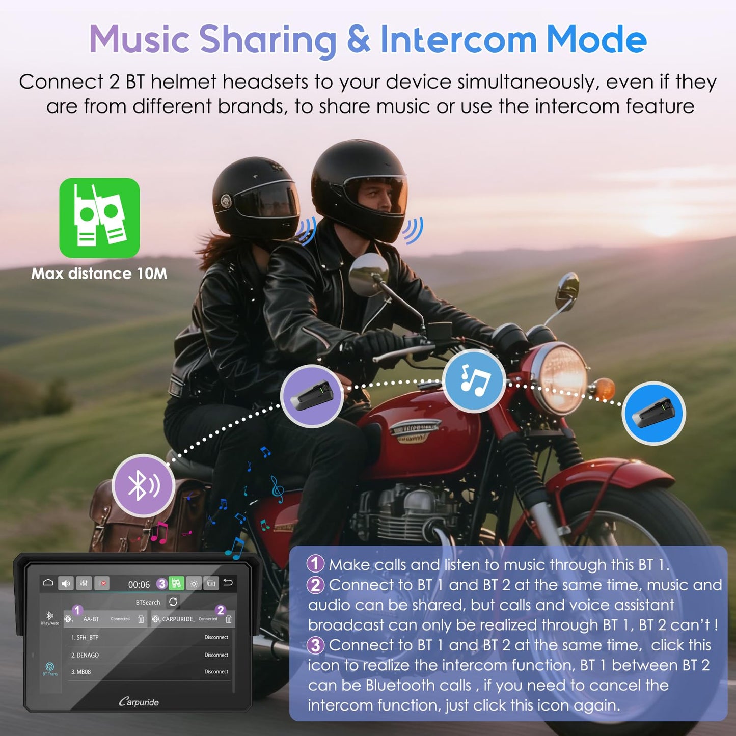 Carpuride W502TPRO for Motorcycle CarPlay& Android Auto& TPMS& Dual Bluetooth - 5" Waterproof GPS Navigation Screen for Motorbike, Music Sharing, Intercom, EQ, Light Sensor, Compass, Barometer