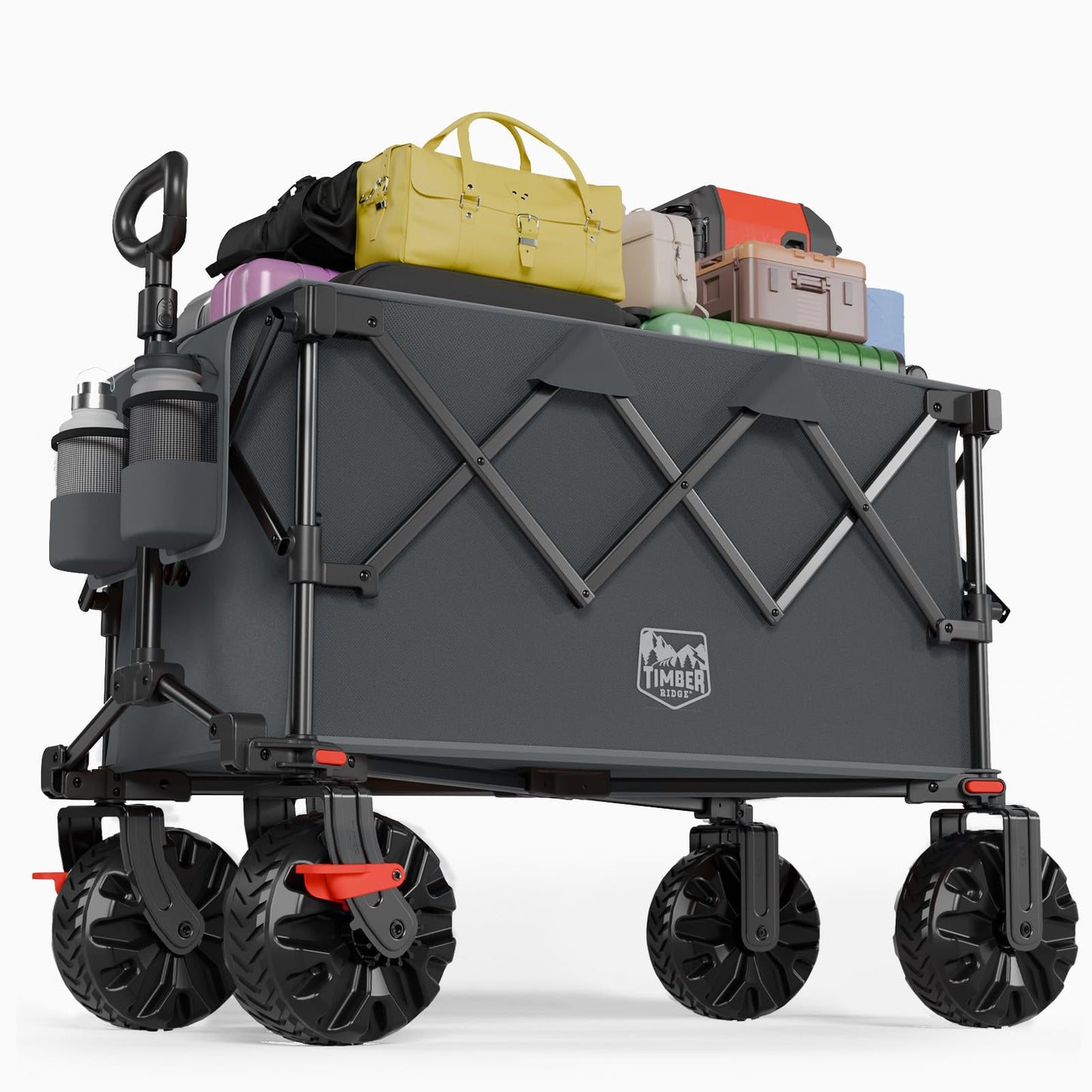 Timber Ridge Outdoor Collapsible Folding Wagon with Brakes and Cup Holders, 500lbs Heavy Duty All Terrain Wheels Utility Cart for Shopping Camping Garden Sports, Grey