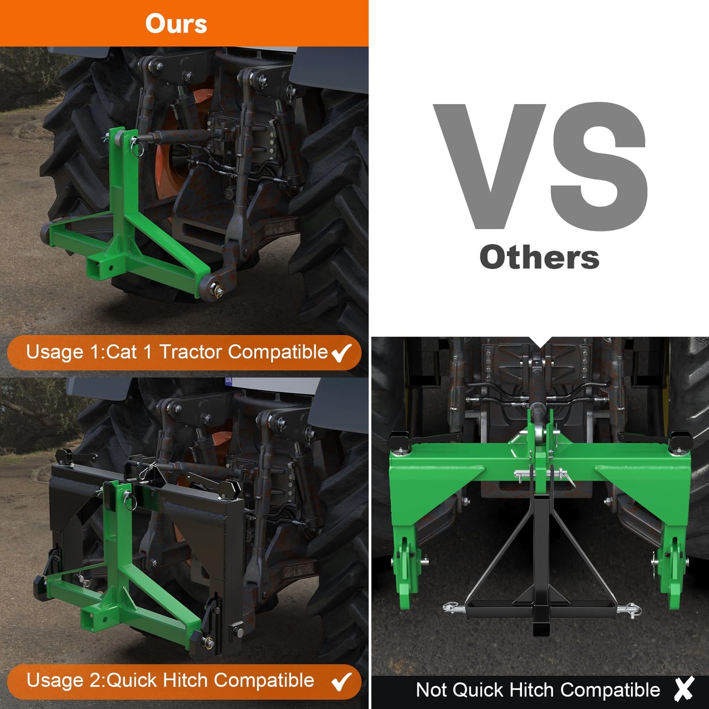 Green 3 Point Hitch Receiver Quick Hitch Compatible, 3 Point Trailer Hitch 2" Receiver for Category 1 Tractor, 3 Pt Trailer Towing Hitch Tractor Drawbar for Kubota, John Deere, BX, Kioti, Yanmar etc