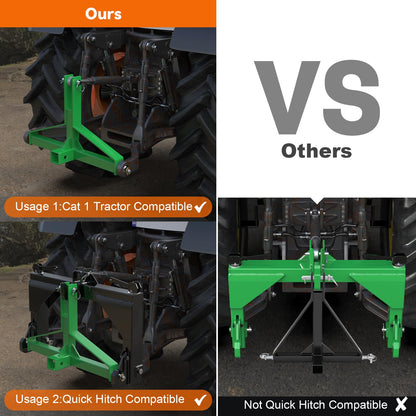 Green 3 Point Hitch Receiver Quick Hitch Compatible, 3 Point Trailer Hitch 2" Receiver for Category 1 Tractor, 3 Pt Trailer Towing Hitch Tractor Drawbar for Kubota, John Deere, BX, Kioti, Yanmar etc