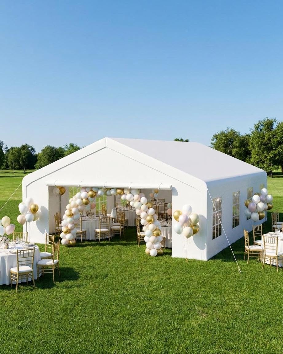 20x33 FT Outdoor Party Wedding Event Canopy Tent, Galvanized Steel Frame Shelter with Mesh Screen & Roll-Up Double Doors, Waterproof PE Cover, Removable Sidewalls and Windows