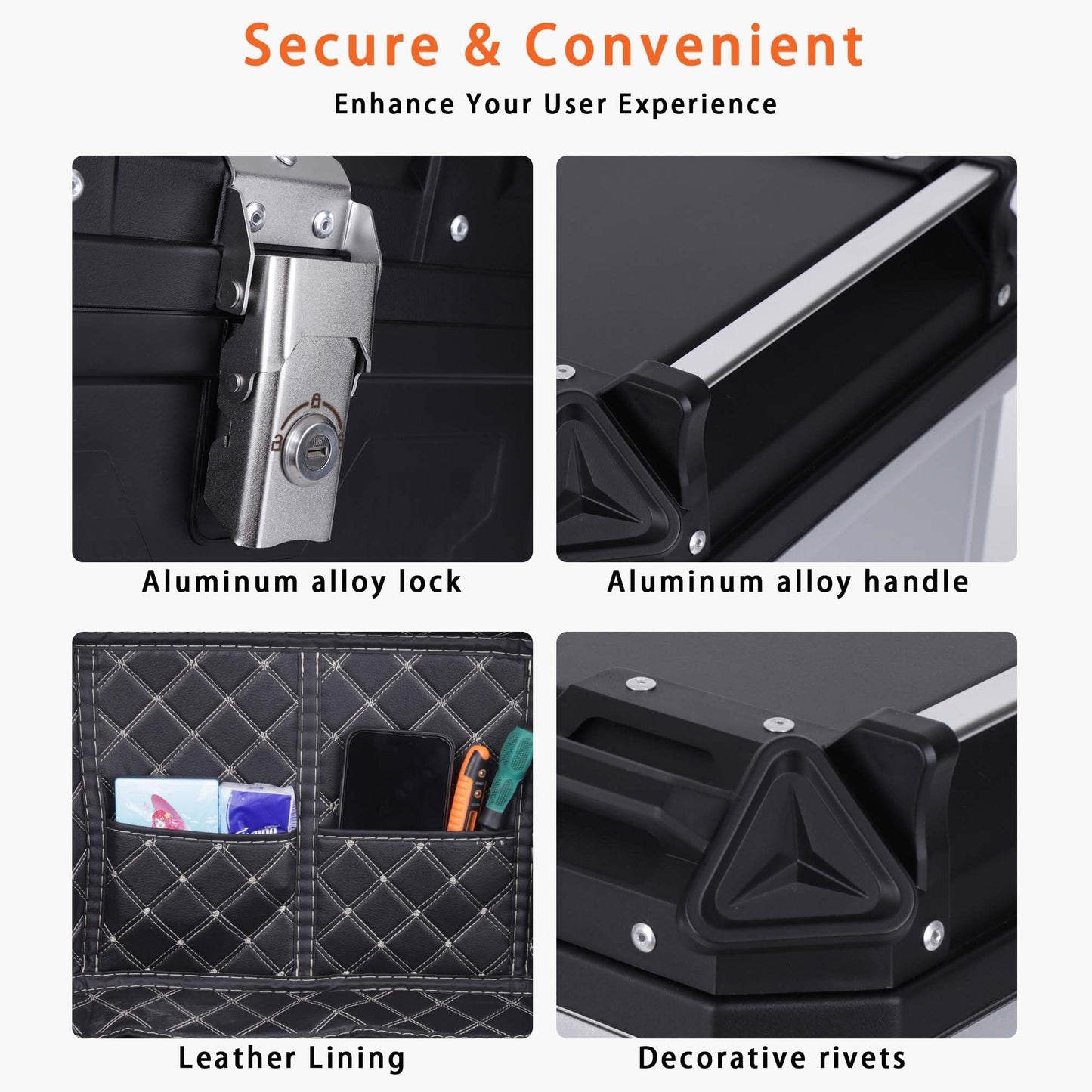 Kosoley Motorcycle Top Case 57L Trunk Tail Box Bag Aluminum alloy handle with Leather Lining Anti-Theft with Lock & Back Cushion Waterproof Dustproof Easy Installation with Universal Bracket Black