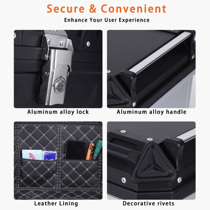 Kosoley Motorcycle Top Case 57L Trunk Tail Box Bag Aluminum alloy handle with Leather Lining Anti-Theft with Lock & Back Cushion Waterproof Dustproof Easy Installation with Universal Bracket Black