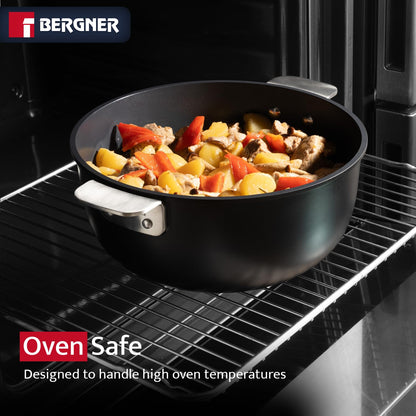 Bergner 11-Piece Non-Stick Cookware Set with Detachable Handles - Stackable Die-Cast Aluminum Pots and Pans Set, Induction Compatible, Space-Saving Kitchen Cookware, Black
